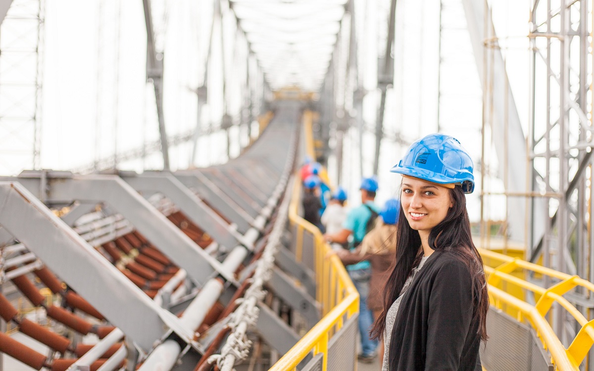 woman wearing construction hard hat