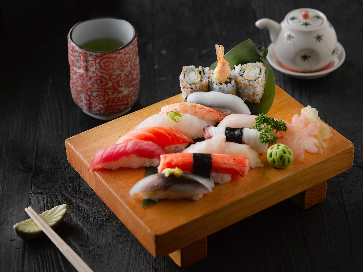 sushi on wooden board