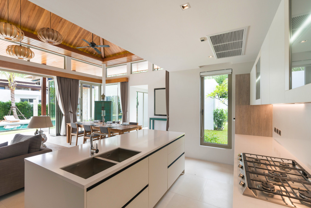modern bare kitchen of modern home with villa